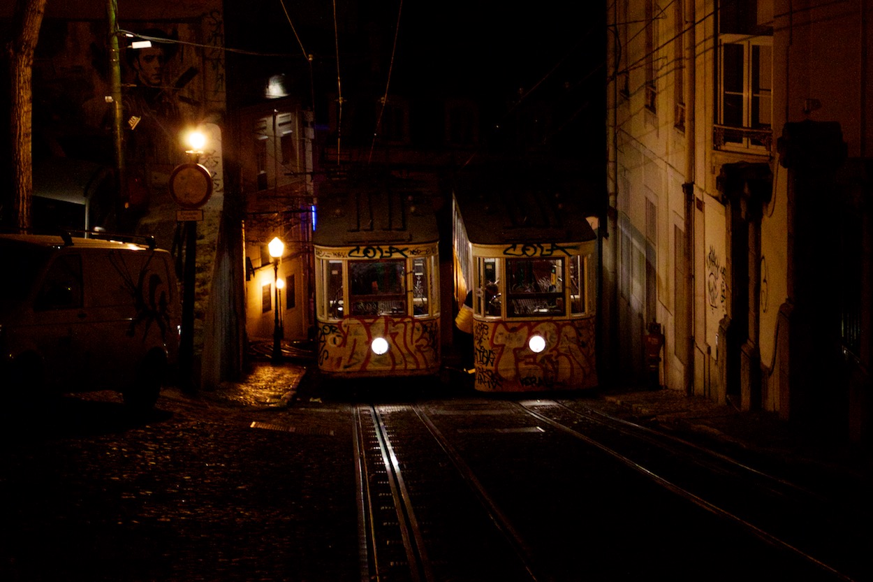 Trolley Cars in Lisbon Portugal at Night