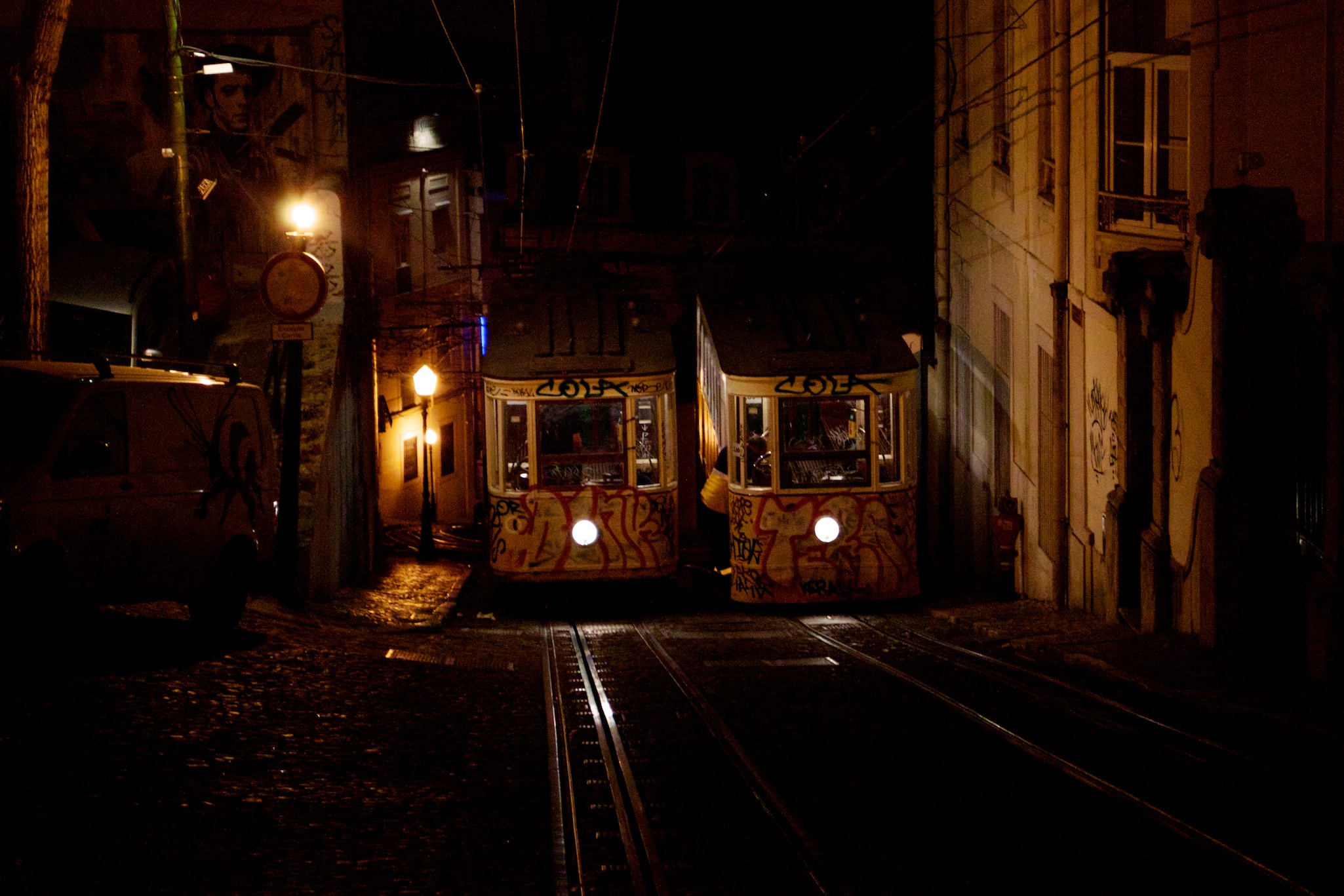 Trolley Cars in Lisbon Portugal at Night